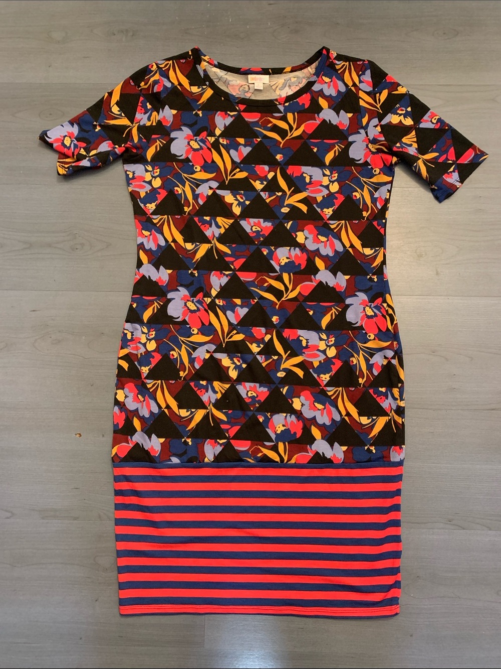 LuLaRoe Floral & Triangle Print Midi Dress - Black, Red, Yellow, Blue, Purple